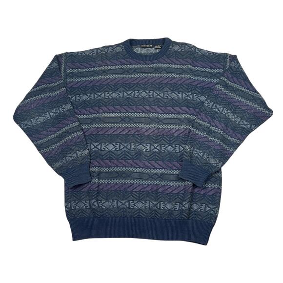 Vintage 90s Textured 3D Striped Crewneck Sweater Claiborne Navy Blue Mens Large - Picture 1 of 5